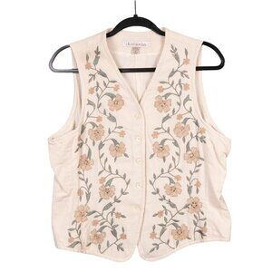 Karavan Floral Embroidered Vest M Womens Cream Green Flax Boho Hippie Festival